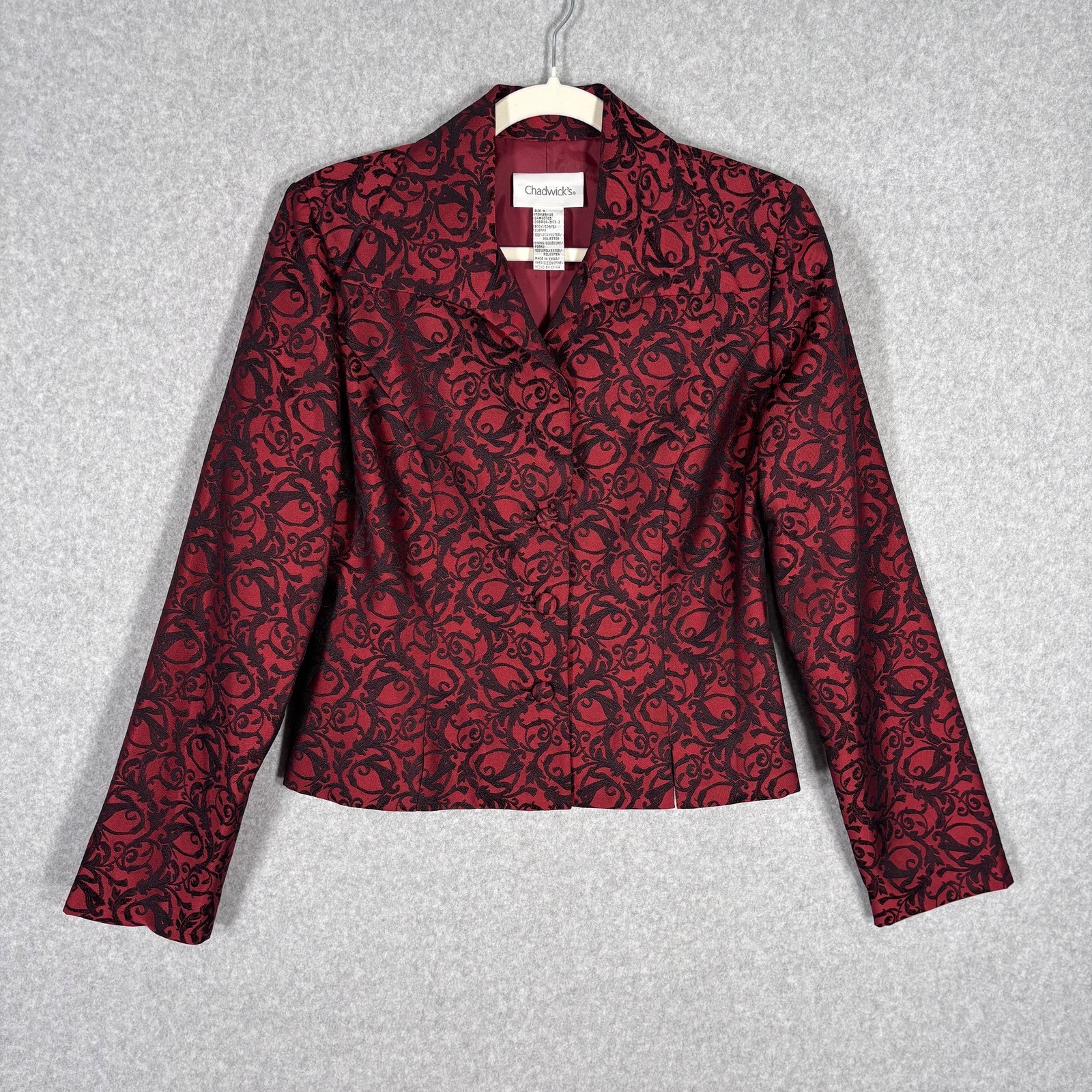 Vtg Chadwicks Blazer 8 Red Black Brocade Jacquard Glam Ornate Maximalist Loud